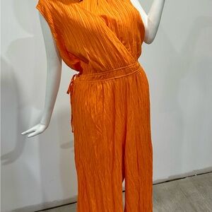 Emma & Michele Vibrant Orange Sleeveless Crinkle Jumpsuit